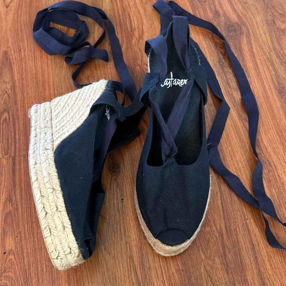 Castaner Saks Fifth Avenue navy blue espadrille canvas lace up wedges n rattan s